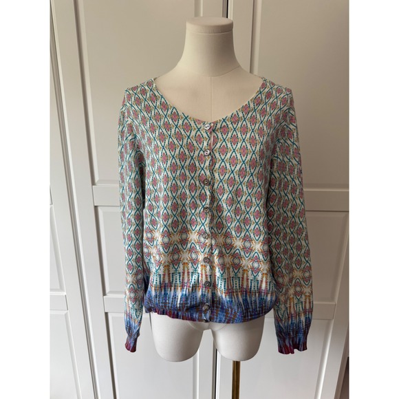 Sundance Sweaters - Sundance Womens Large Cotton Geometric Diamond Ikat Button Front Cardigan Blue
